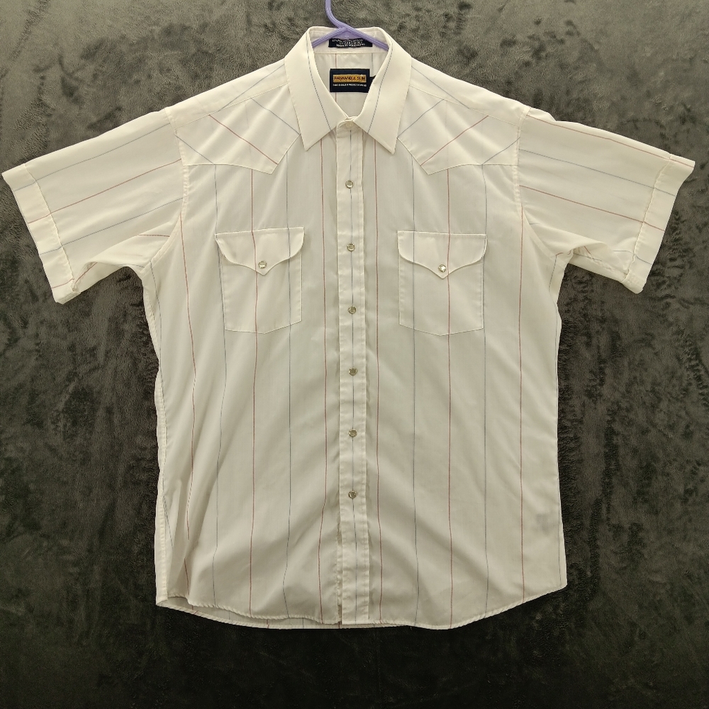 Panhandle Shirt Men L 16.5 White Pearl Snap Western Cowboy Utility Striped